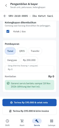 Layar pengambilan dan pembayaran servis