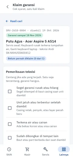 Layar klaim garansi dengan daftar syarat