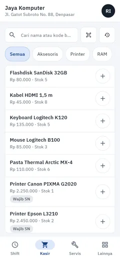 Layar kasir: daftar barang dengan tombol scan