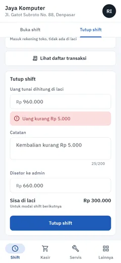 Layar tutup shift dengan peringatan uang kurang