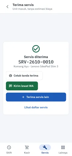 Layar servis diterima dengan tombol cetak dan kirim WA
