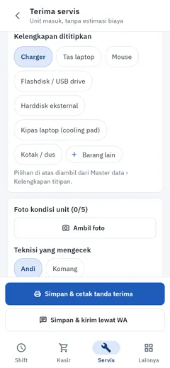 Layar terima servis: pilihan kelengkapan dititipkan