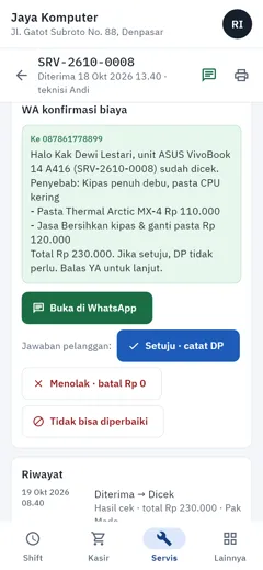 Layar konfirmasi biaya dengan pratinjau pesan WhatsApp
