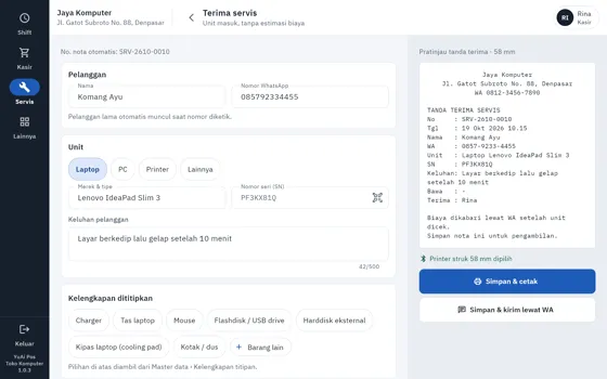 Tablet: form terima servis dengan pratinjau tanda terima