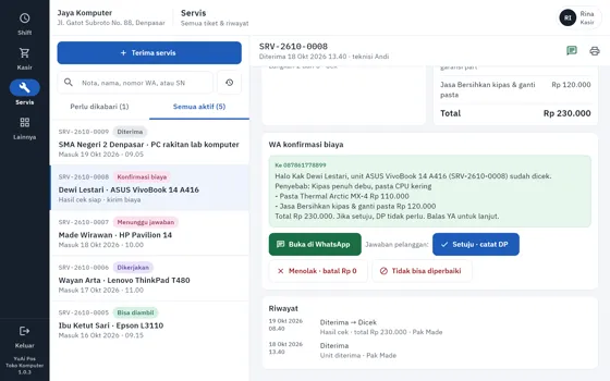Tablet: daftar servis dan konfirmasi WhatsApp berdampingan